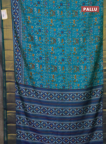 Semi tussar saree teal blue and dual shade of bluish green with allover ikat prints and zari woven border