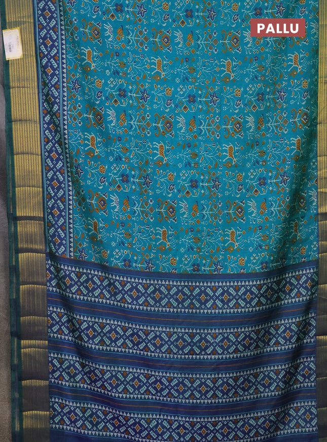Semi tussar saree teal blue and dual shade of bluish green with allover ikat prints and zari woven border