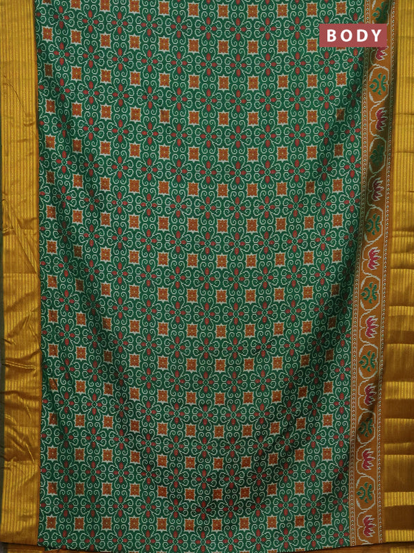 Semi tussar saree green and mustard yellow with allover ikat prints and zari woven border