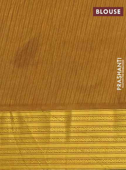 Semi tussar saree green and mustard yellow with allover ikat prints and zari woven border