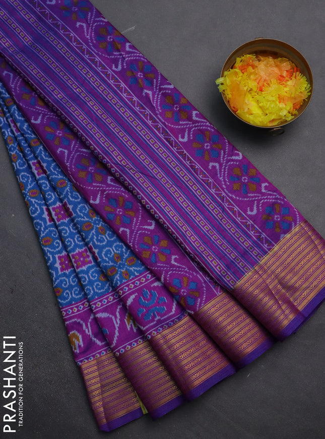 Semi tussar saree cs blue and purple with allover ikat prints and zari woven border