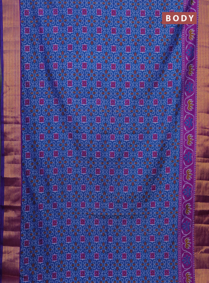 Semi tussar saree cs blue and purple with allover ikat prints and zari woven border