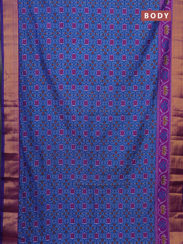 Semi tussar saree cs blue and purple with allover ikat prints and zari woven border