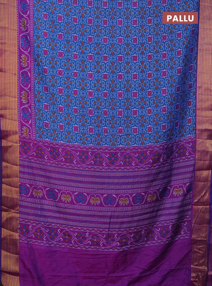 Semi tussar saree cs blue and purple with allover ikat prints and zari woven border