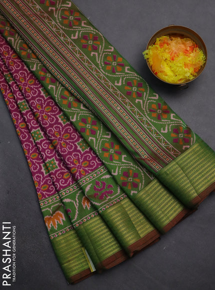 Semi tussar saree magenta pink and dual shade of green with allover ikat prints and zari woven border