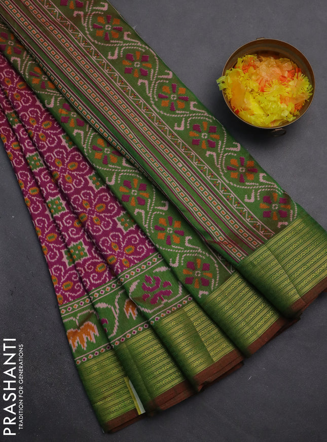 Semi tussar saree magenta pink and dual shade of green with allover ikat prints and zari woven border