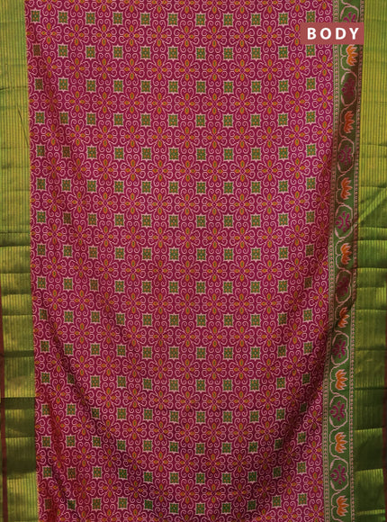 Semi tussar saree magenta pink and dual shade of green with allover ikat prints and zari woven border