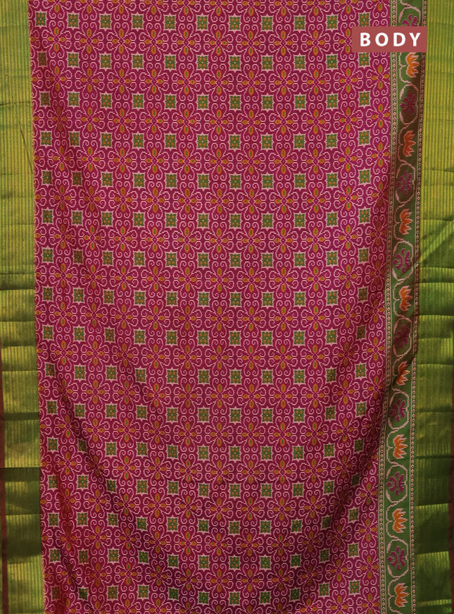 Semi tussar saree magenta pink and dual shade of green with allover ikat prints and zari woven border