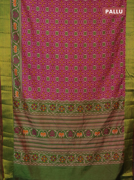 Semi tussar saree magenta pink and dual shade of green with allover ikat prints and zari woven border