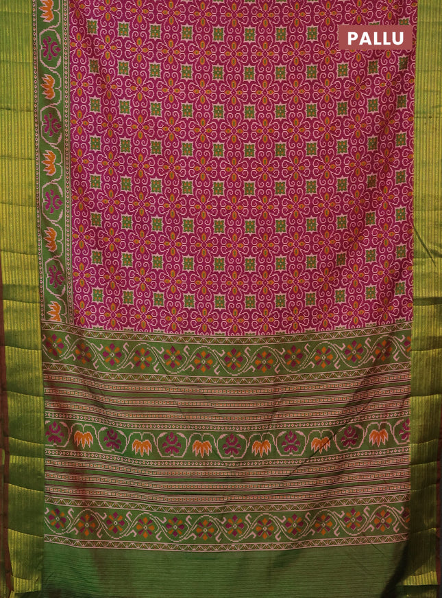 Semi tussar saree magenta pink and dual shade of green with allover ikat prints and zari woven border