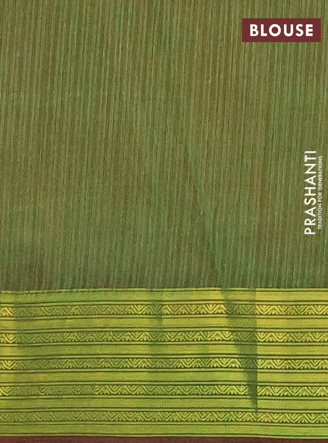 Semi tussar saree magenta pink and dual shade of green with allover ikat prints and zari woven border