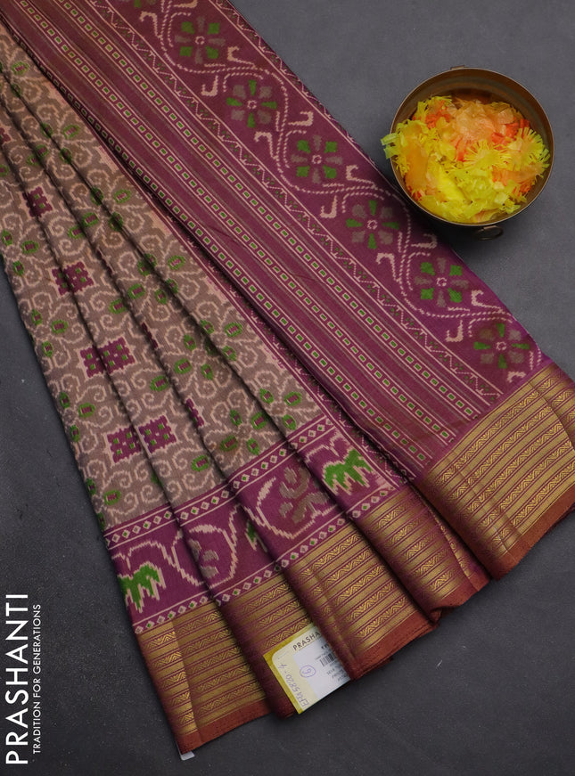 Semi tussar saree grey shade and dual shade of purple with allover ikat prints and zari woven border