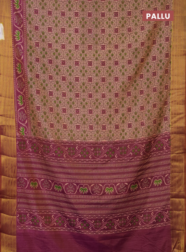 Semi tussar saree grey shade and dual shade of purple with allover ikat prints and zari woven border