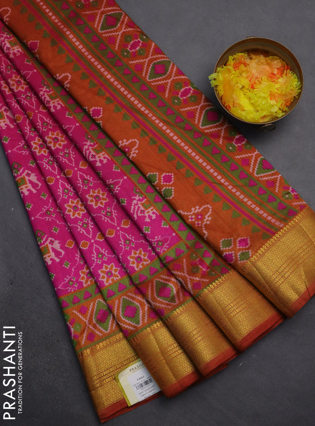 Semi tussar saree pink and dark mustard with allover patola prints and zari woven border