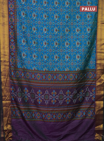 Semi tussar saree cs blue and purple with allover patola prints and zari woven border
