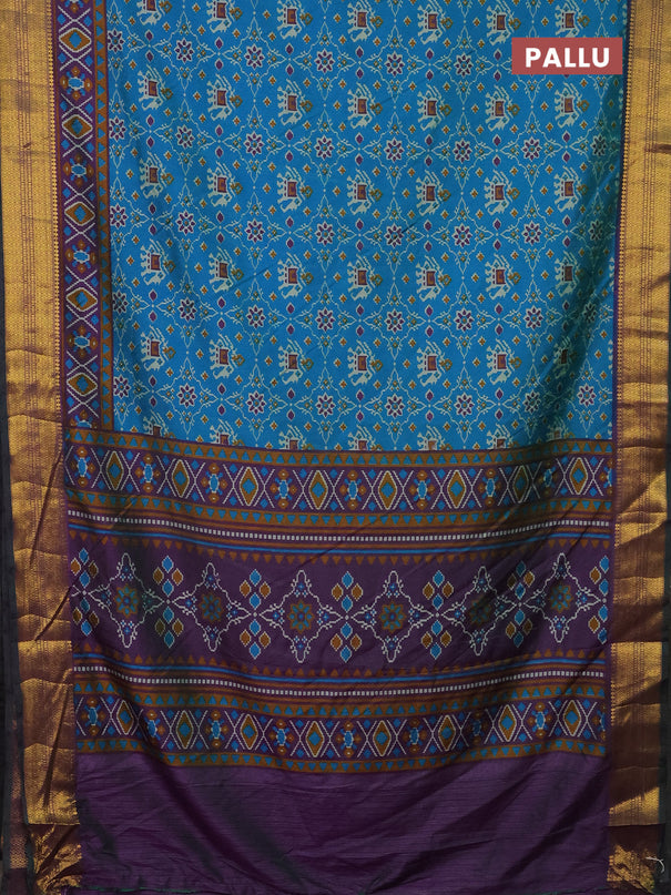 Semi tussar saree cs blue and purple with allover patola prints and zari woven border