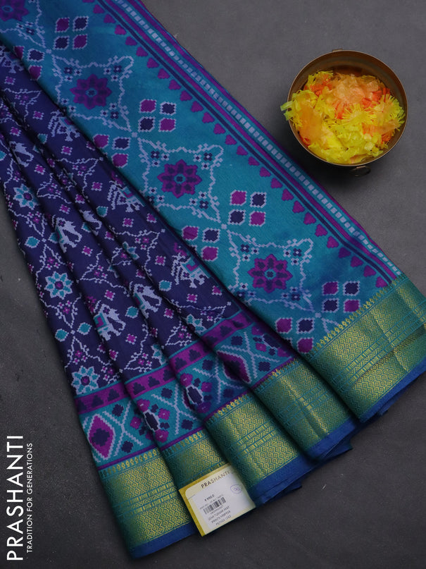 Semi tussar saree dark blue and teal blue with allover patola prints and zari woven border