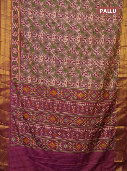 Semi tussar saree dual shade of grey and purple with allover patola prints and zari woven border