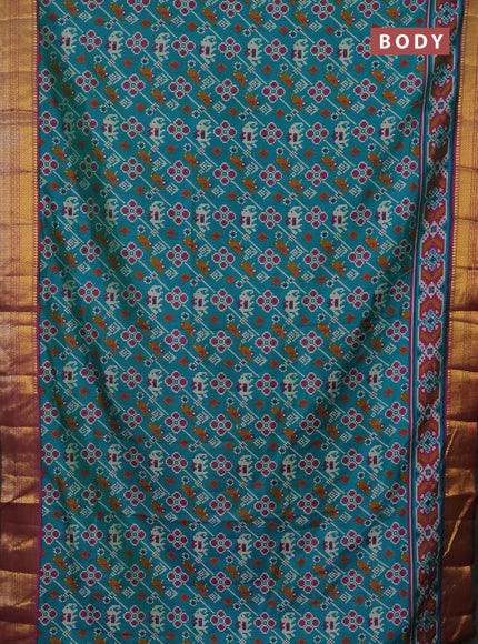 Semi tussar saree teal blue and purple with allover patola prints and zari woven border