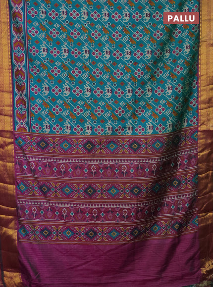 Semi tussar saree teal blue and purple with allover patola prints and zari woven border