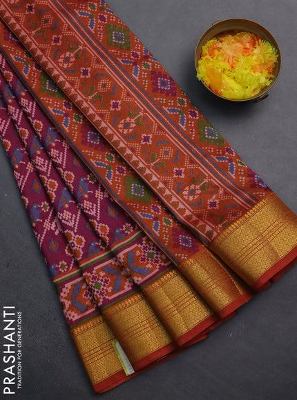 Semi tussar saree dark magenta pink and rust shade with allover patola prints and zari woven border