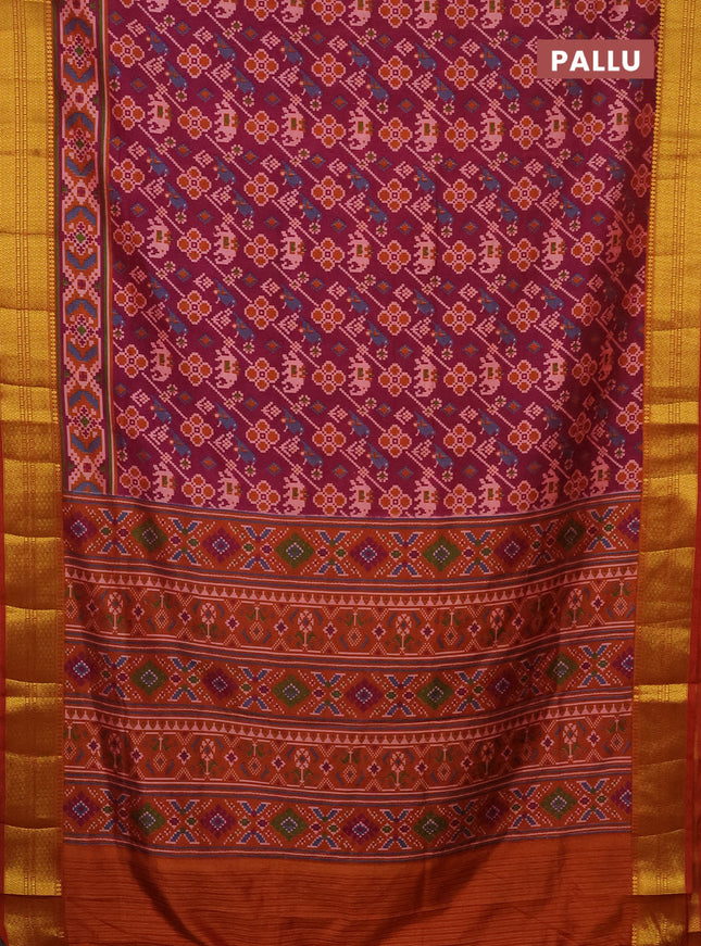 Semi tussar saree dark magenta pink and rust shade with allover patola prints and zari woven border