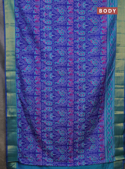 Semi tussar saree blue and teal bluish green with allover ikat prints and zari woven border