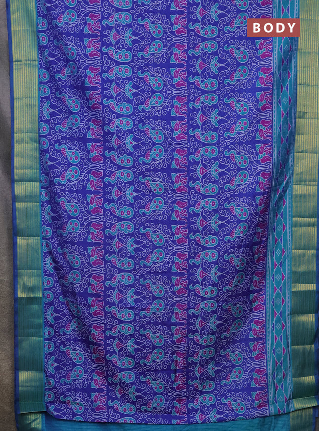 Semi tussar saree blue and teal bluish green with allover ikat prints and zari woven border