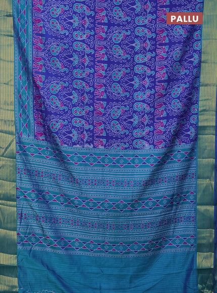 Semi tussar saree blue and teal bluish green with allover ikat prints and zari woven border