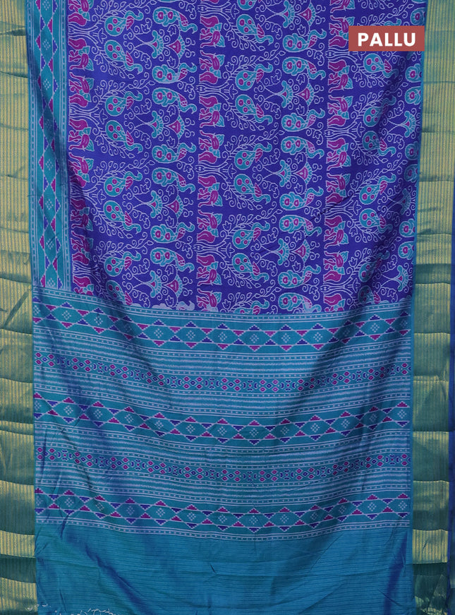 Semi tussar saree blue and teal bluish green with allover ikat prints and zari woven border