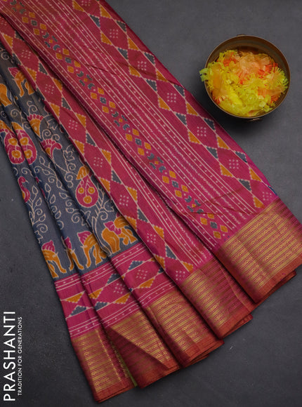 Semi tussar saree dual shade of bluish grey and pink with allover ikat prints and zari woven border
