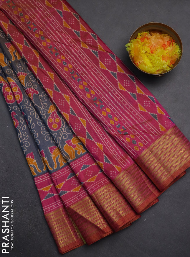 Semi tussar saree dual shade of bluish grey and pink with allover ikat prints and zari woven border