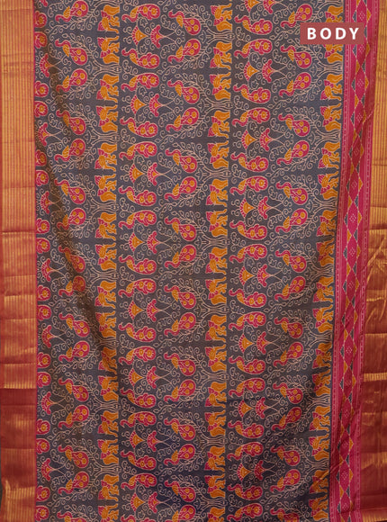 Semi tussar saree dual shade of bluish grey and pink with allover ikat prints and zari woven border