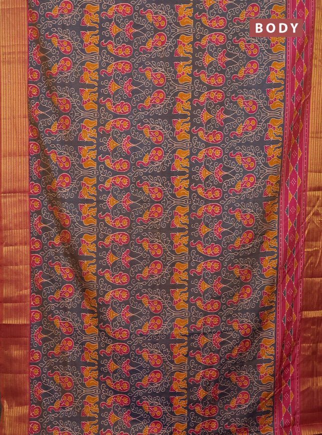 Semi tussar saree dual shade of bluish grey and pink with allover ikat prints and zari woven border