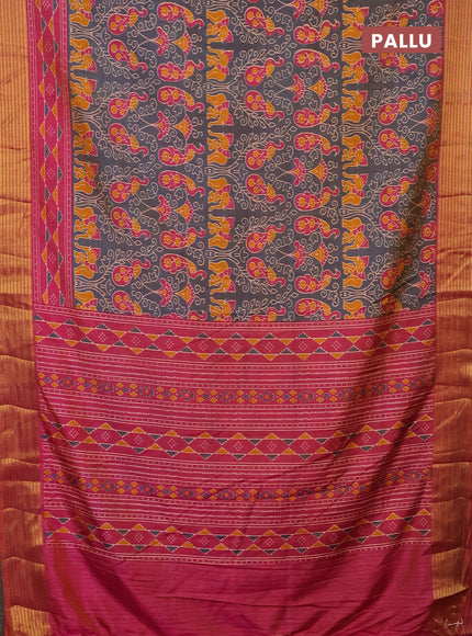 Semi tussar saree dual shade of bluish grey and pink with allover ikat prints and zari woven border