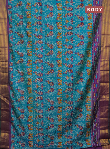 Semi tussar saree teal green and purple with allover ikat prints and zari woven border