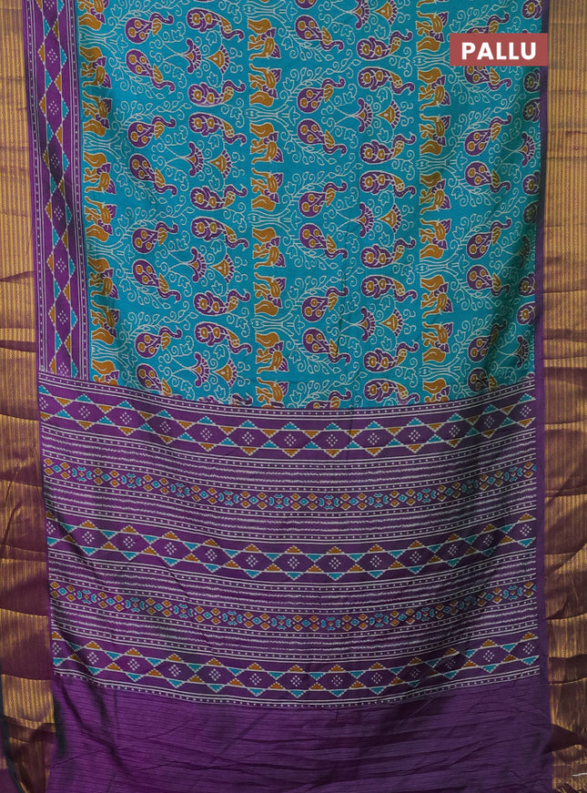 Semi tussar saree teal green and purple with allover ikat prints and zari woven border