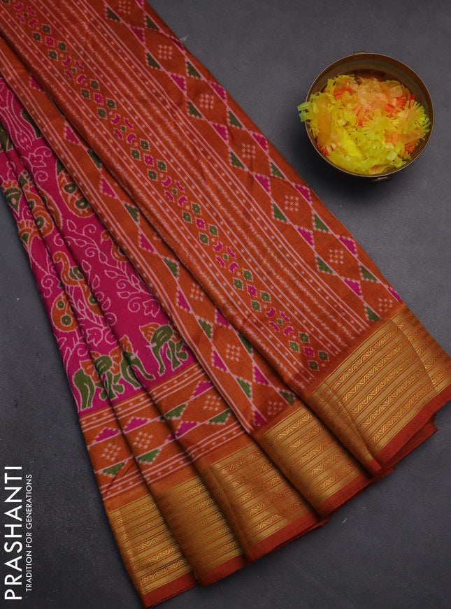 Semi tussar saree pink and rust shade with allover ikat prints and zari woven border