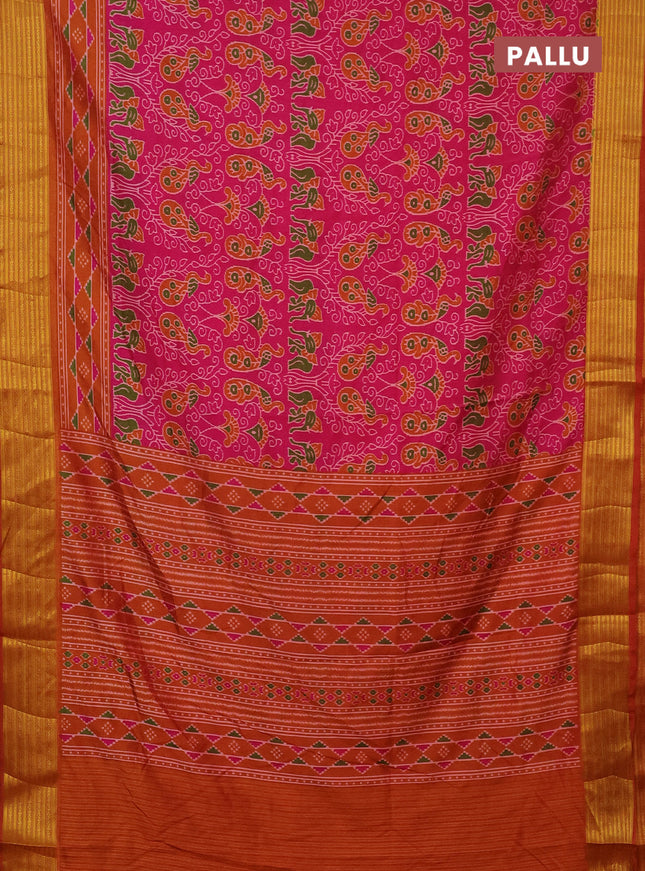 Semi tussar saree pink and rust shade with allover ikat prints and zari woven border