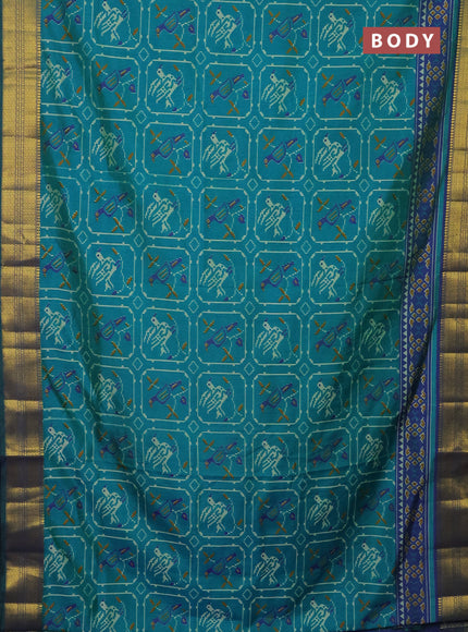 Semi tussar saree teal green and dual shade of blue with allover ikat prints and zari woven border
