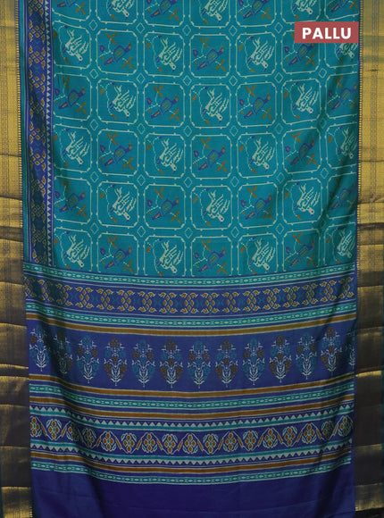 Semi tussar saree teal green and dual shade of blue with allover ikat prints and zari woven border