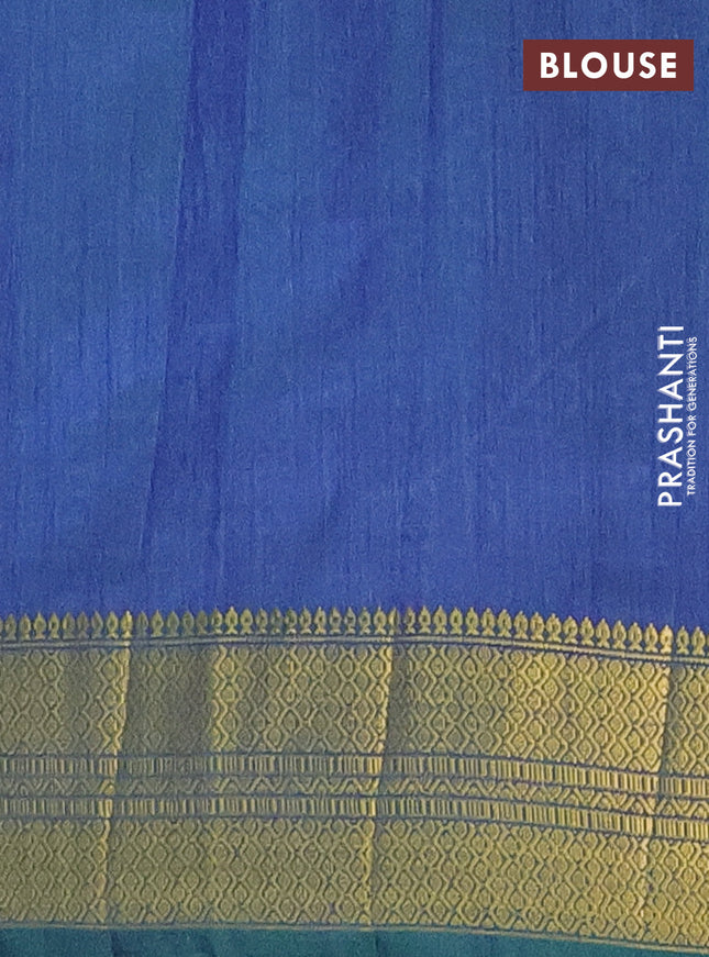 Semi tussar saree teal green and dual shade of blue with allover ikat prints and zari woven border