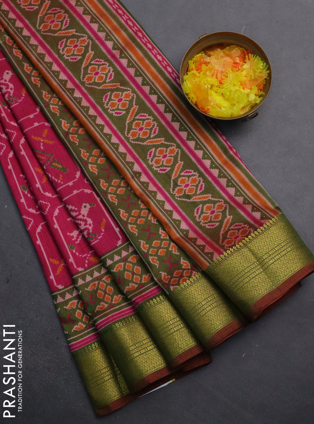 Semi tussar saree pink and dual shade of green with allover ikat prints and zari woven border