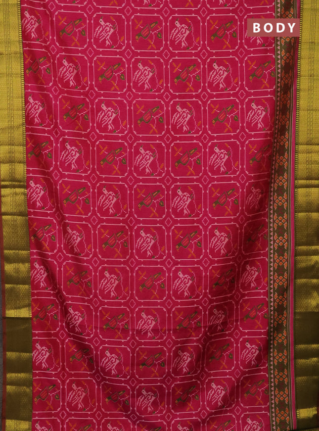 Semi tussar saree pink and dual shade of green with allover ikat prints and zari woven border
