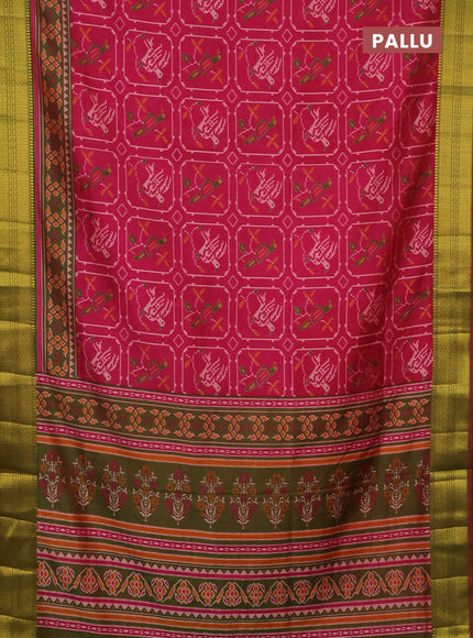 Semi tussar saree pink and dual shade of green with allover ikat prints and zari woven border