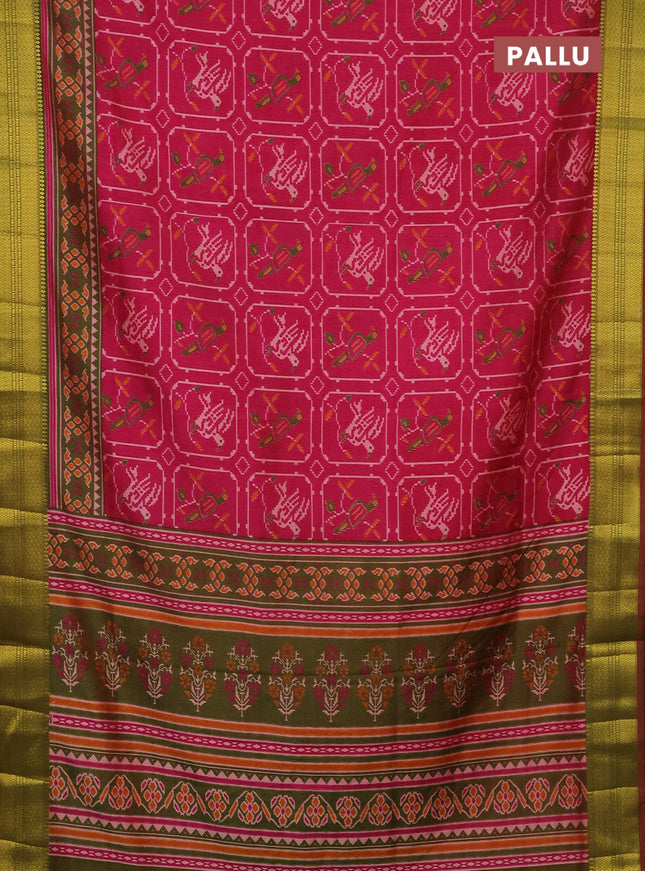 Semi tussar saree pink and dual shade of green with allover ikat prints and zari woven border