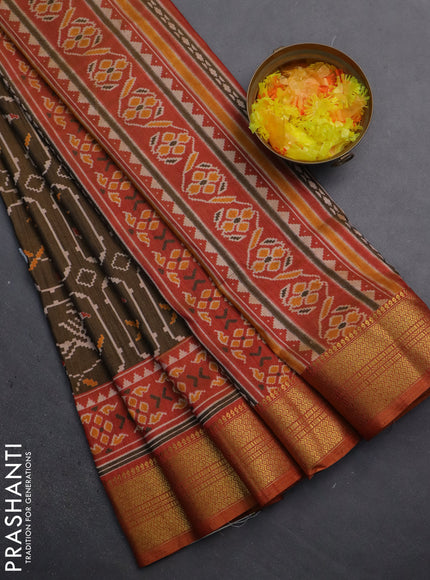 Semi tussar saree brown and dual shade of pink with allover ikat prints and zari woven border