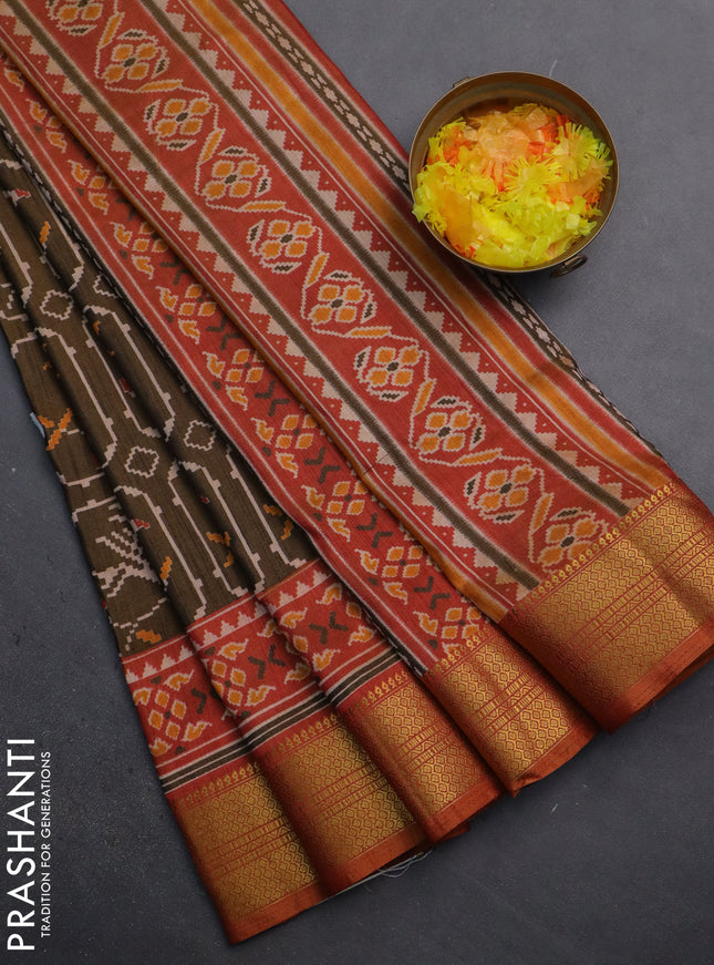 Semi tussar saree brown and dual shade of pink with allover ikat prints and zari woven border