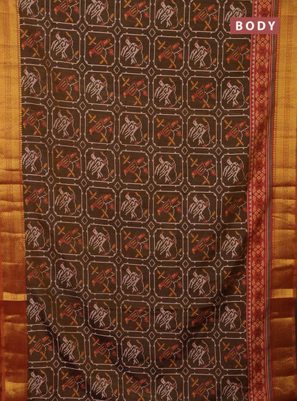 Semi tussar saree brown and dual shade of pink with allover ikat prints and zari woven border