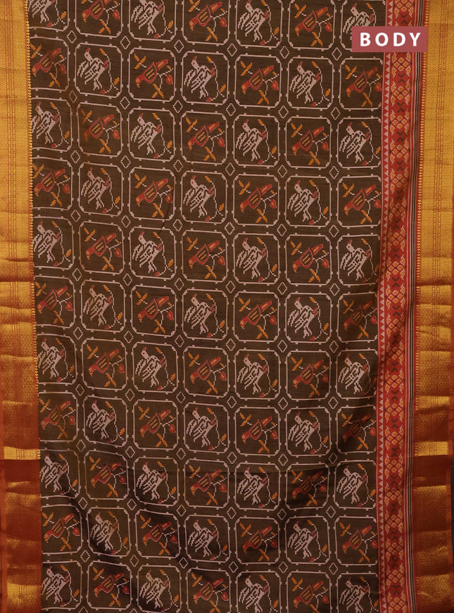 Semi tussar saree brown and dual shade of pink with allover ikat prints and zari woven border